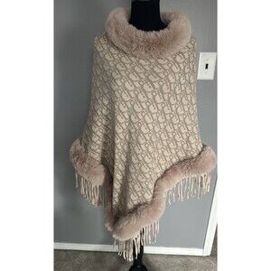 AZ Fashion Poncho One Size Mauve Knit Sweater Faux Fur Collar/Trim Fringe NWT